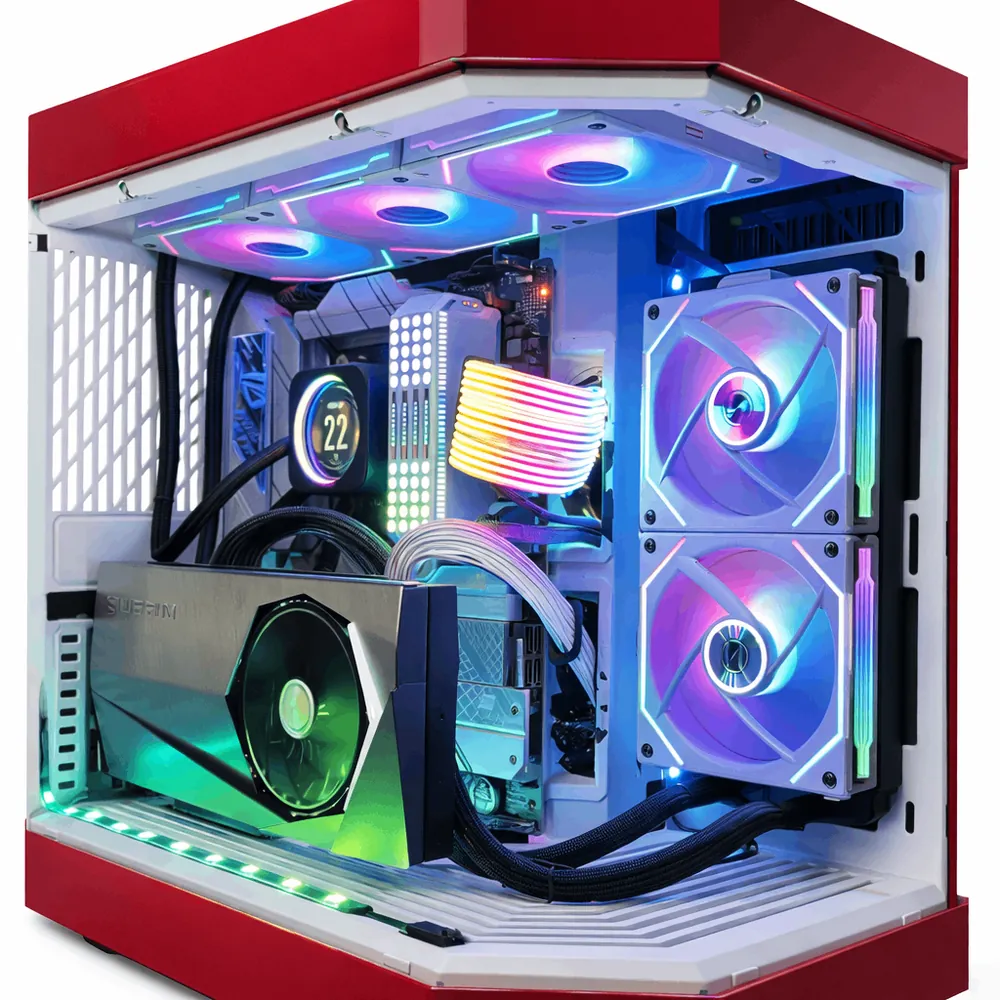 Custom Pc Designer Full view of a custom gaming PC with dynamic RGB lighting on fans, RAM ...